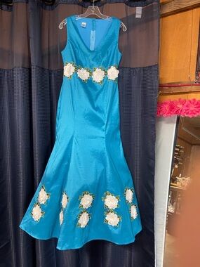 Teal Blue Floral Appliqué Satin Gown